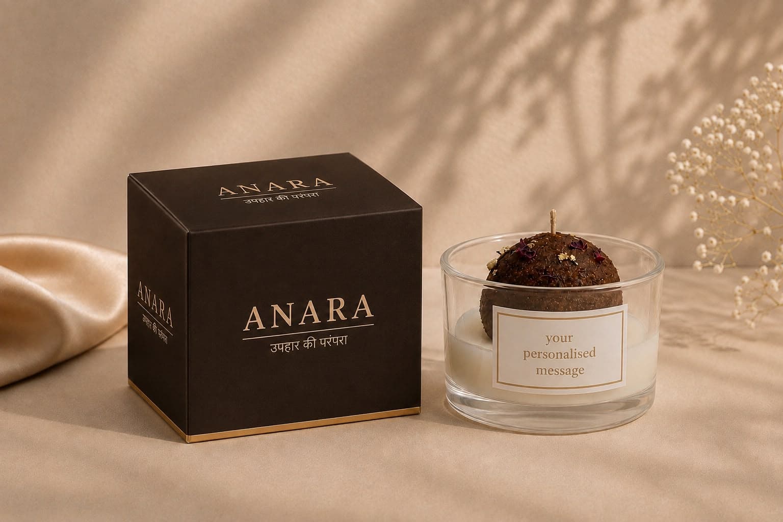 The ANARA Gulab Jamun candle beside its brown gift box, finished with gold foil